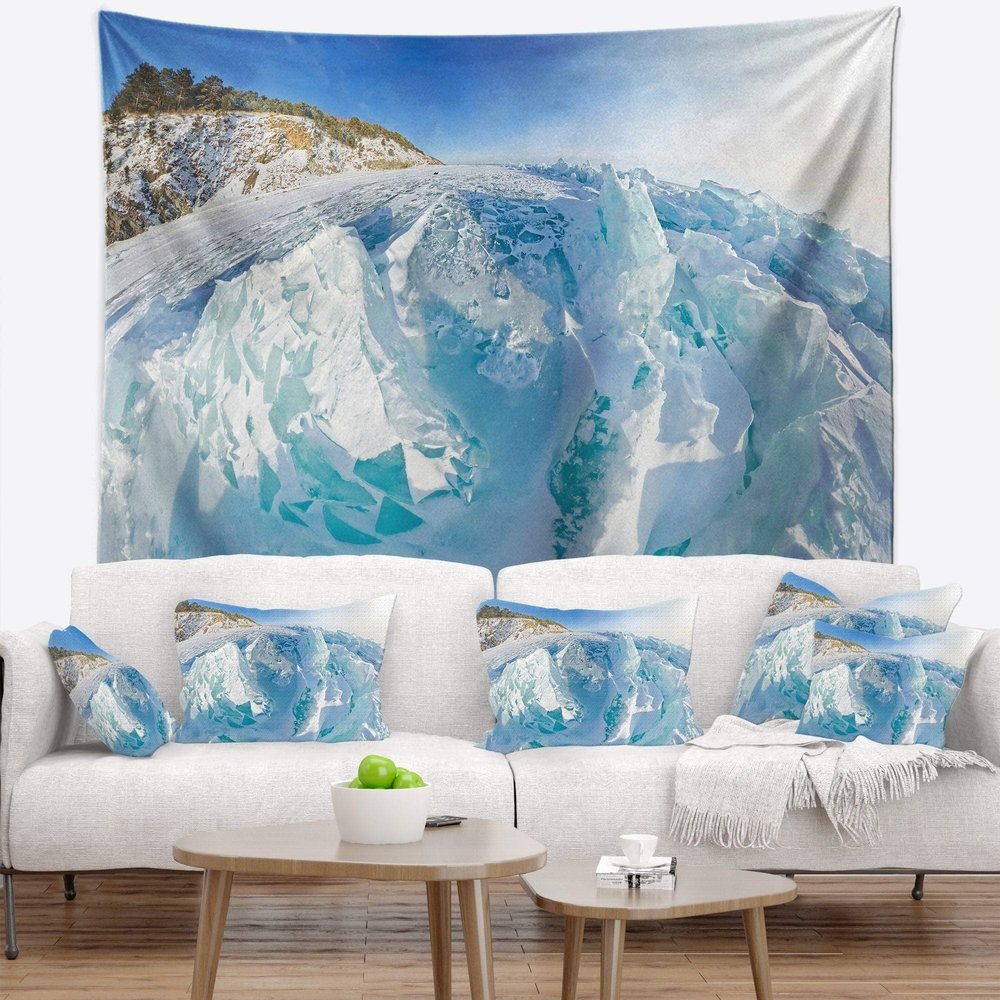 Designart ' Blue Ice Mountains in Lake Baikal Siberia' Landscape Tapestry Blanket Dcor Wall Art for Home and Office, Created On Lightweight Polyester Fabric x Large: 92 in. x 78 in