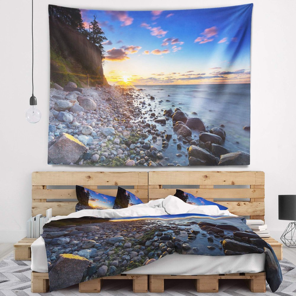 Designart ' Baltic Sea and Orlowo Cliff at Sunrise' Seascape Tapestry Blanket Dcor Wall Art for Home and Office x Large: 92" x 78"
