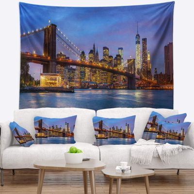 Designart ' Brooklyn Bridge with Lights and Reflections' Cityscape Tapestry Blanket Dcor Wall Art for Home and Office, Created On Lightweight Polyester Fabric x Large: 92 in. x 78 in