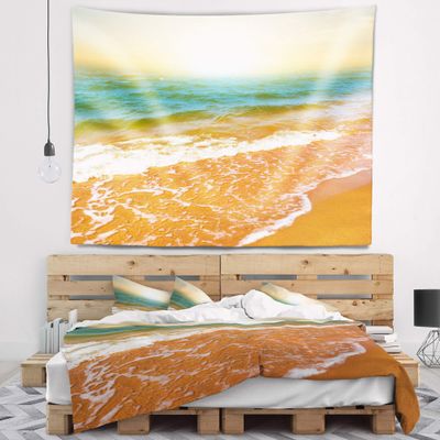 Designart ' Clear Waters in Early Morning Beach' Seashore Tapestry Blanket Dcor Wall Art for Home and Office, Created On Lightweight Polyester Fabric Medium: 39 in. x 32 in