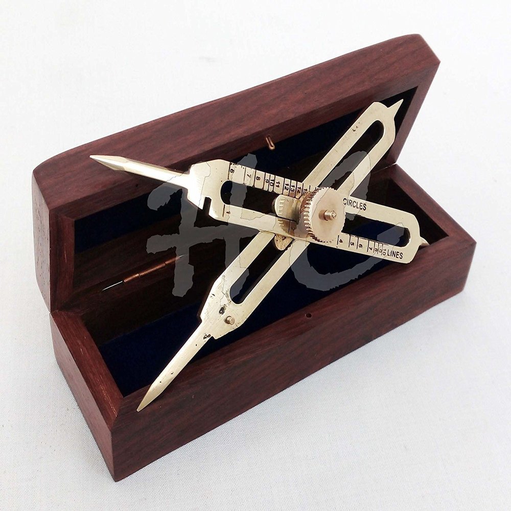 Mahira Nautical Solid Brass Proportional Divider Marine Navigation Compass With Wooden Box