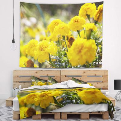 Designart ' Bright Yellow Marigold Flowers' Floral Tapestry Blanket Dcor Wall Art for Home and Office, Created On Lightweight Polyester Fabric x Large: 92 in. x 78 in