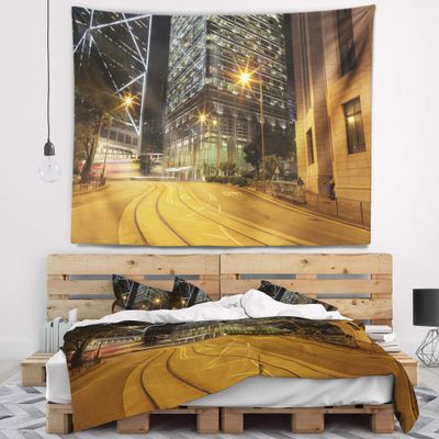 Designart ' Busy Traffic and City at Night' Cityscape Tapestry Blanket Dcor Wall Art for Home and Office, Created On Lightweight Polyester Fabric Medium: 39 in. x 32 in