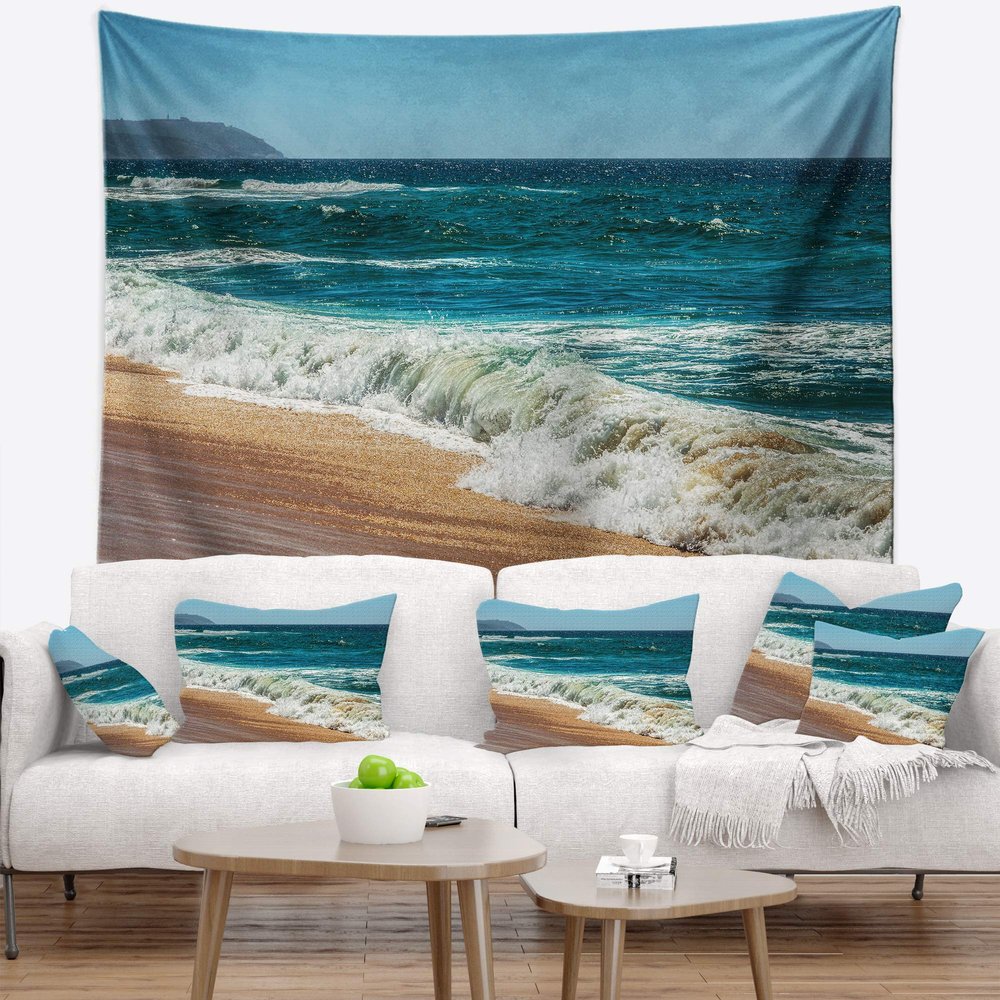 Designart ' Ideal Blue Atlantic Beach in Summertime' Seashore Tapestry Blanket Dcor Wall Art for Home and Office Medium: 39 in. x 32 in