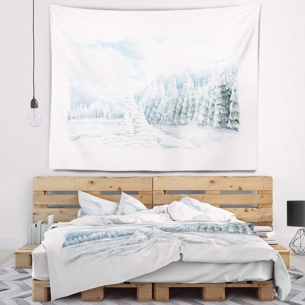Designart ' Christmas Winter Happy Panorama' Landscape Tapestry Blanket Dcor Wall Art for Home and Office, Created On Lightweight Polyester Fabric x Large: 92 in. x 78 in