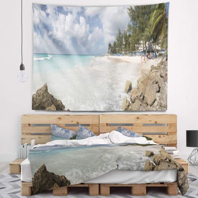Designart ' Barbados Island White Seashore' Modern Seascape Tapestry Blanket Dcor Wall Art for Home and Office, Created On Lightweight Polyester Fabric x Large: 92 in. x 78 in