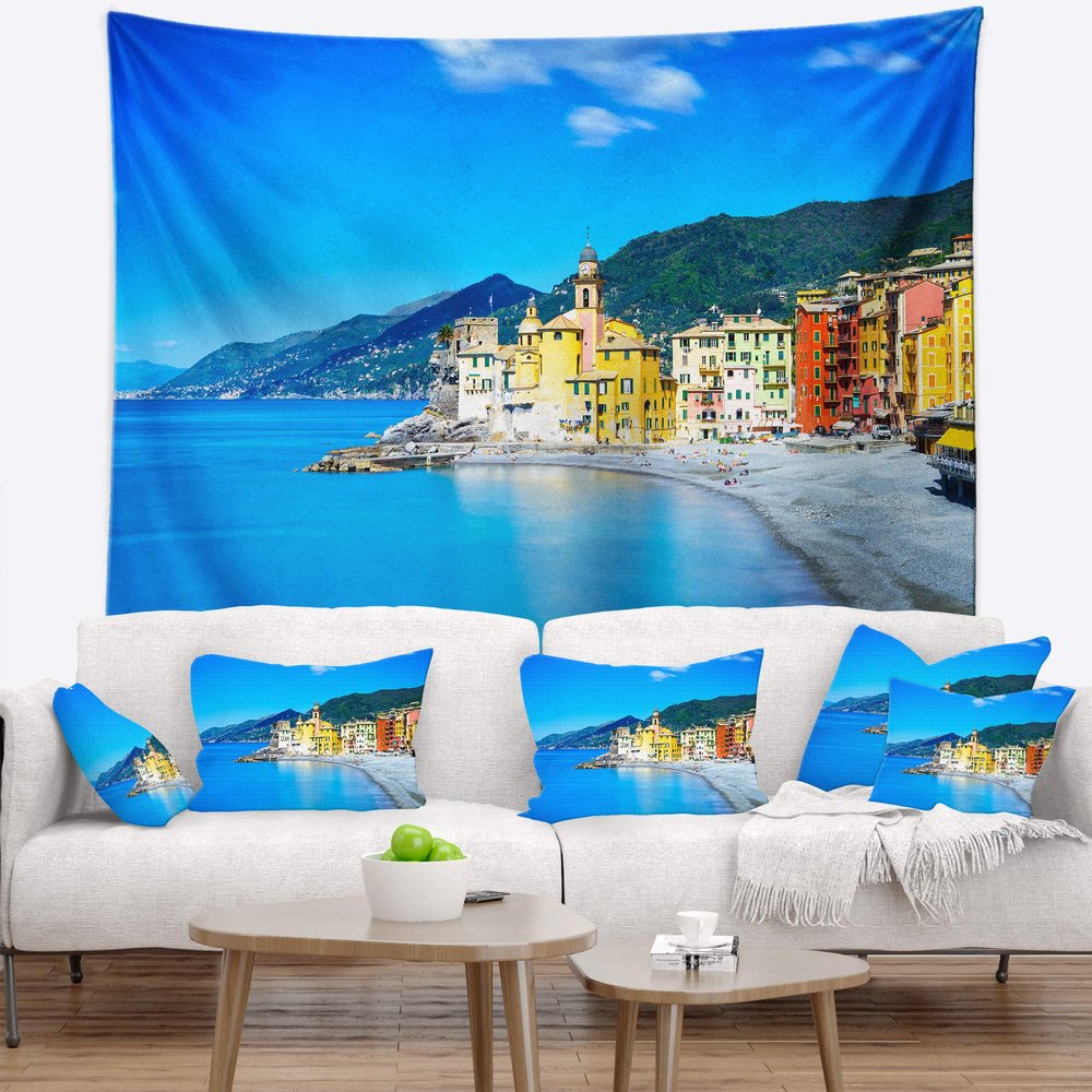 Designart ' Camogli Church on Sea and Beach View' Seashore Tapestry Blanket Dcor Wall Art for Home and Office, Created On Lightweight Polyester Fabric x Large: 92 in. x 78 in
