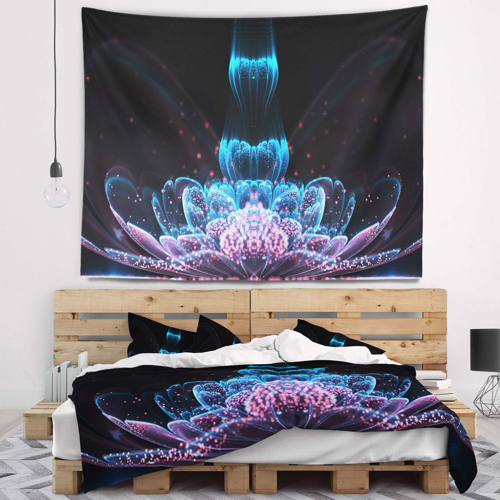 Designart ' Fractal Flower Blue Purple Digital Floral Tapestry Blanket Dcor Wall Art for Home and Office, Created On Lightweight Polyester Fabric Medium: 39 in. x 32 in
