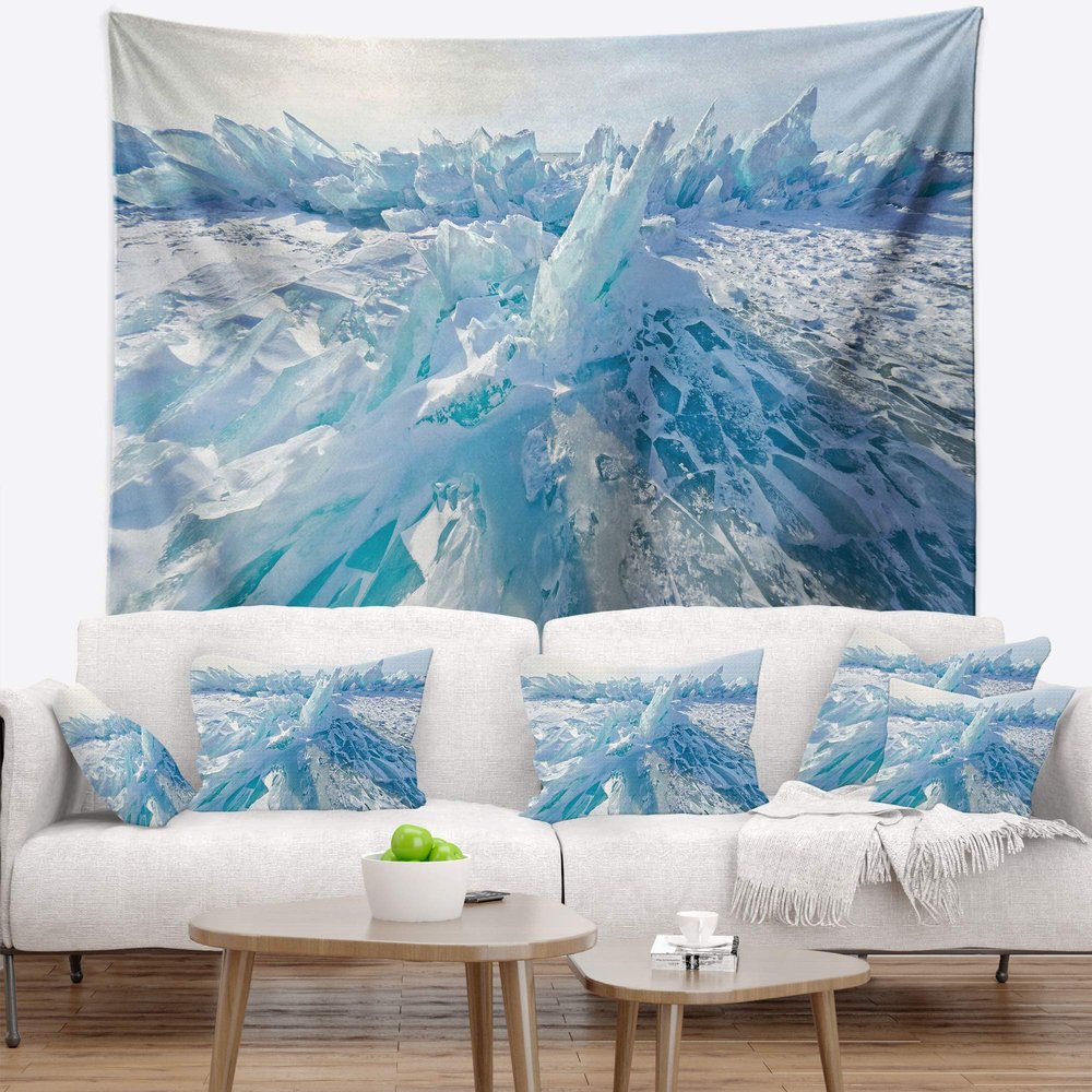 Designart ' Blue Ice Hummocks in Siberia Lake Baikal' Landscape Tapestry Blanket Dcor Wall Art for Home and Office, Created On Lightweight Polyester Fabric x Large: 92 in. x 78 in