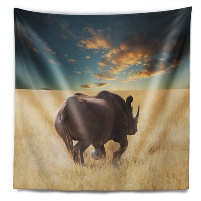 Designart ' Giant Rhino Under Cloudy Sky' African Tapestry Blanket Dcor Wall Art for Home and Office, Created On Lightweight Polyester Fabric Medium: 32 in. x 39 in