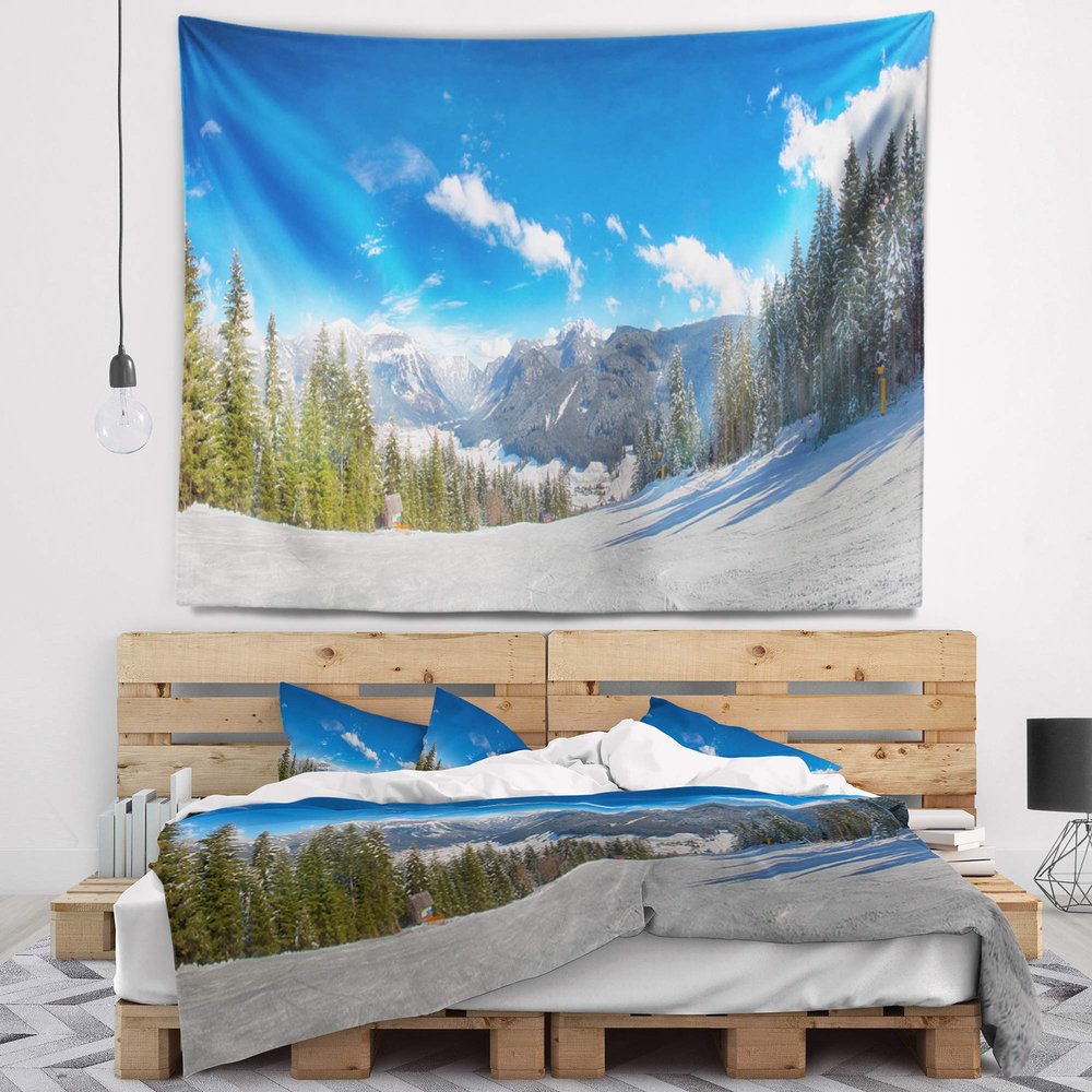 Designart ' Austrian Alps Seen from Ski Slope' Landscape Tapestry Blanket Dcor Wall Art for Home and Office, Created On Lightweight Polyester Fabric x Large: 92 in. x 78 in