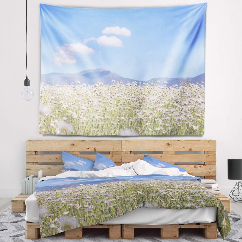 Designart ' Chamomiles with Hills on Background' Flower Tapestry Blanket Dcor Wall Art for Home and Office x Large: 92 in. x 78 in