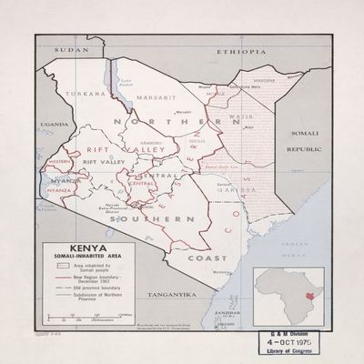 18" x 24" 1963 Map Of Kenya Somali Inhabited Area