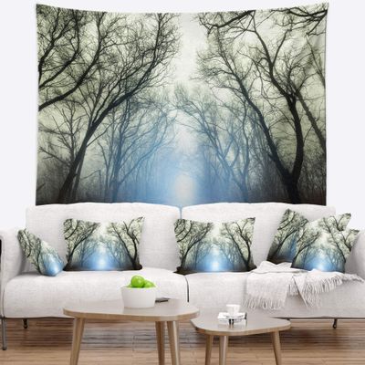 Designart ' Blue Light in Foggy Autumn' Landscape Photo Tapestry Blanket Dcor Wall Art for Home and Office, Created On Lightweight Polyester Fabric x Large: 92 in. x 78 in