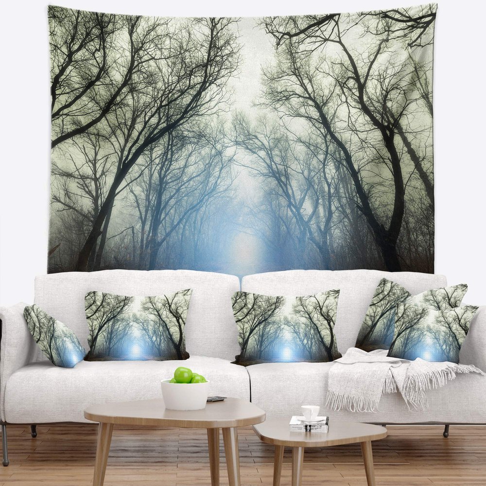 Designart ' Blue Light in Foggy Autumn' Landscape Photo Tapestry Blanket Dcor Wall Art for Home and Office, Created On Lightweight Polyester Fabric x Large: 92 in. x 78 in