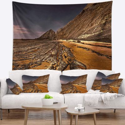 Designart ' Brown Rocky Coast Portugal' Cityscape Tapestry Blanket Dcor Wall Art for Home and Office, Created On Lightweight Polyester Fabric x Large: 92 in. x 78 in