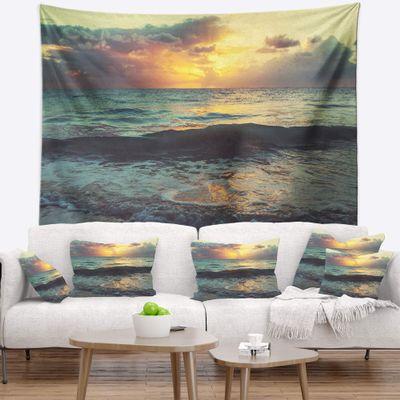 Designart ' Colorful Bluish Waters at Sunset' Seascape Tapestry Blanket Dcor Wall Art for Home and Office, Created On Lightweight Polyester Fabric x Large: 92 in. x 78 in