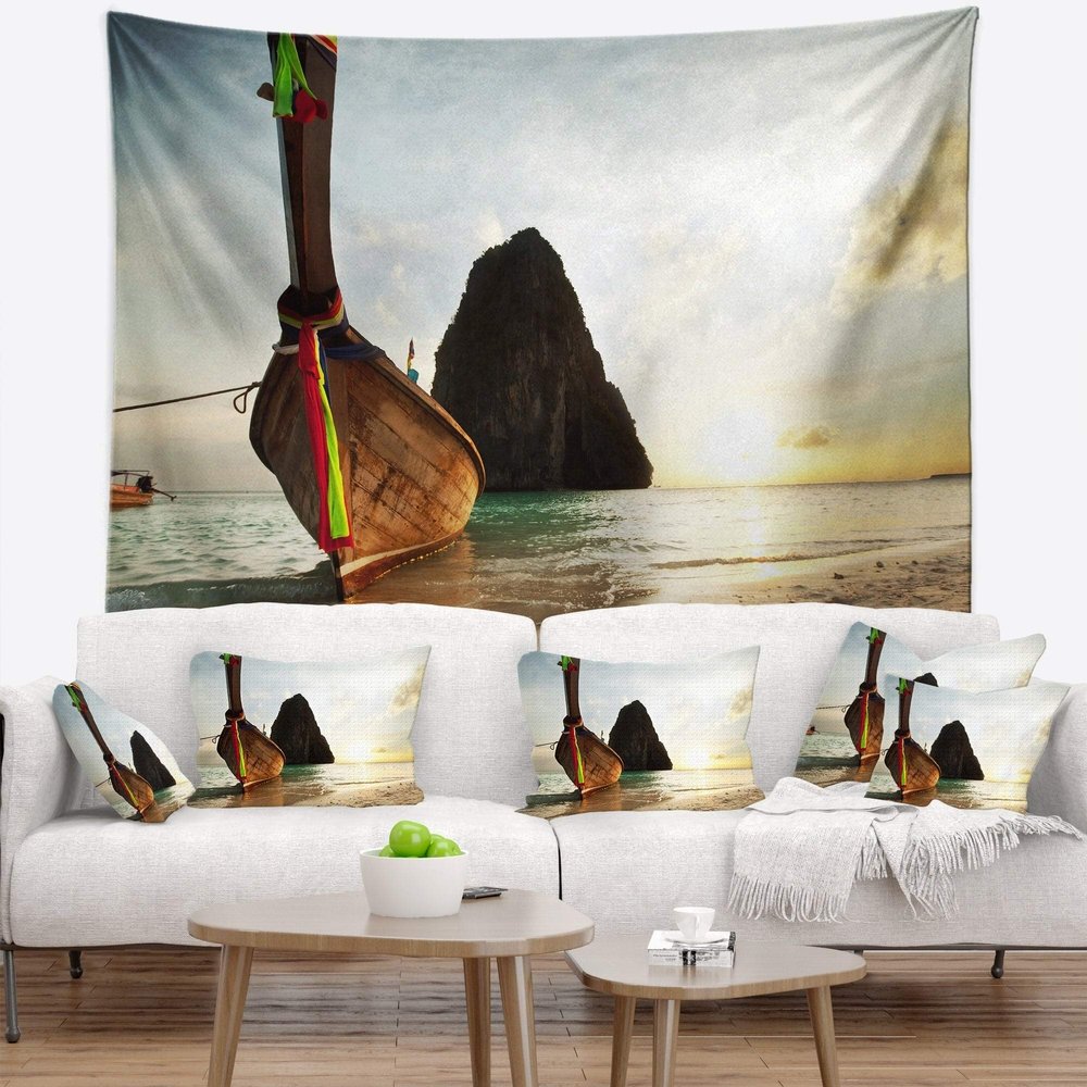 Designart ' Large Fishing Ship in Andaman' Seashore Tapestry Blanket Dcor Wall Art for Home and Office Medium: 39" x 32"