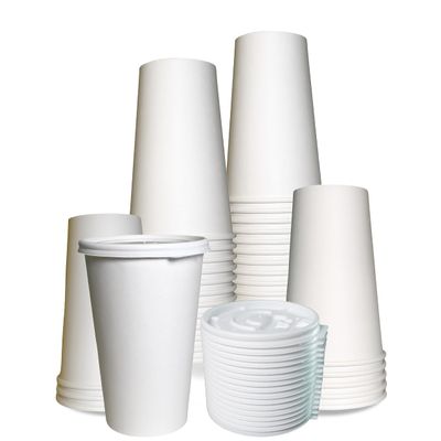 EcoQuality Durable Disposable Paper Cups & Flat Lids For Hot/Cold Drink, Coffee, Tea, Cocoa, Travel - Extra Large 16 Ounce Cups, 250 Count Cups & 250 White Flat Lids - White