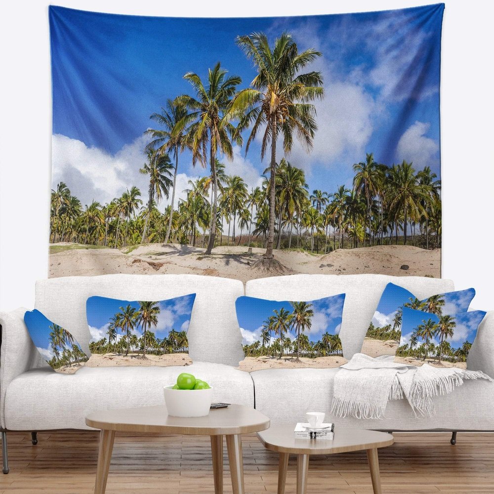 Designart ' Anakena Beach in Easter Island' Seascape Tapestry Blanket Dcor Wall Art for Home and Office, Created On Lightweight Polyester Fabric x Large: 92 in. x 78 in
