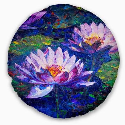 Designart CU6292-20-20-C Blue Lotus Oil Painting' Floral Round Throw Pillow, 20"