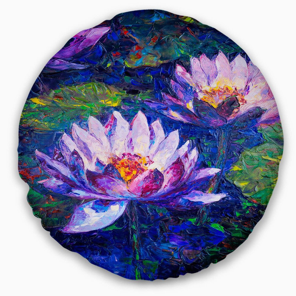 Designart CU6292-20-20-C Blue Lotus Oil Painting' Floral Round Throw Pillow, 20"
