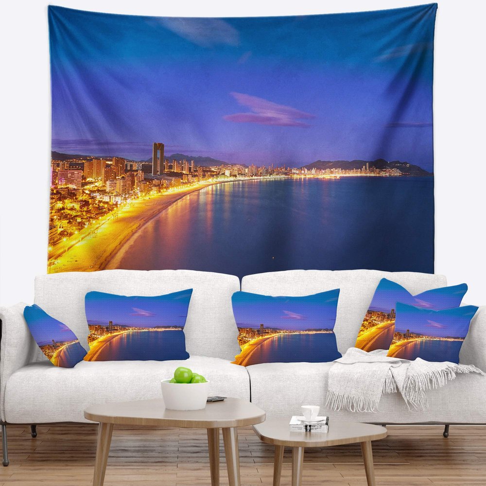 Designart ' Benidorm Poniente Beach Sunset' Seascape Tapestry Blanket Dcor Wall Art for Home and Office, Created On Lightweight Polyester Fabric x Large: 92 in. x 78 in