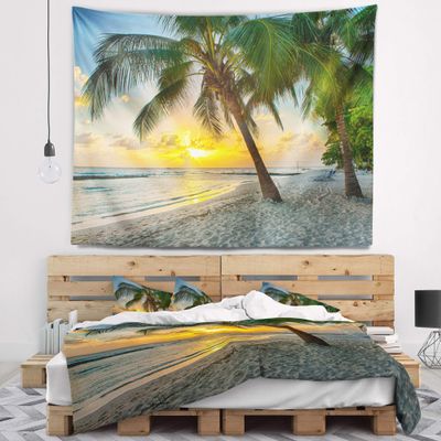 Designart ' Beach in Caribbean Island of Barbados' Modern Seascape Tapestry Blanket Dcor Wall Art for Home and Office, Created On Lightweight Polyester Fabric x Large: 80 in. x 68 in