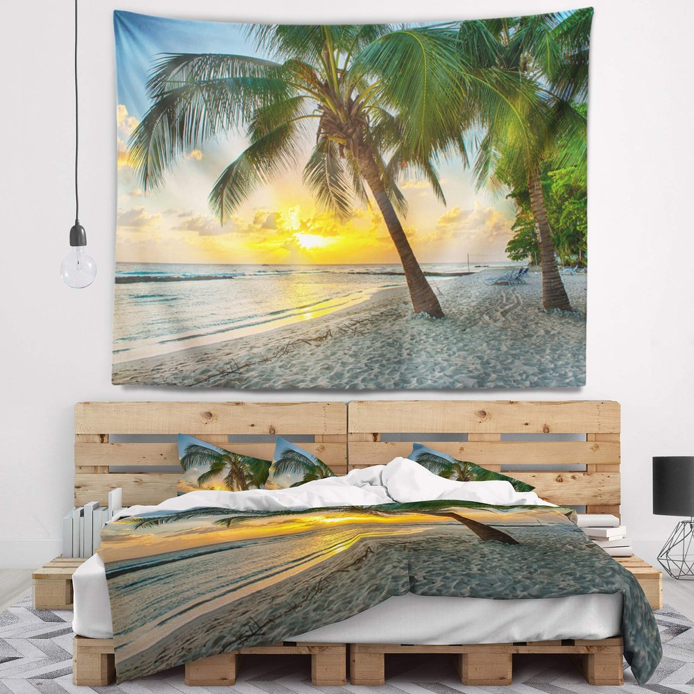 Designart ' Beach in Caribbean Island of Barbados' Modern Seascape Tapestry Blanket Dcor Wall Art for Home and Office, Created On Lightweight Polyester Fabric x Large: 80 in. x 68 in