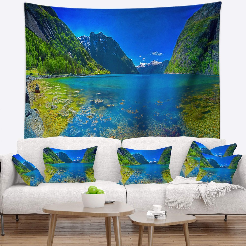 Designart ' Panoramic View of Norwegian Fjord' Landscape Tapestry Blanket Dcor Wall Art for Home and Office x Large: 92 in. x 78 in