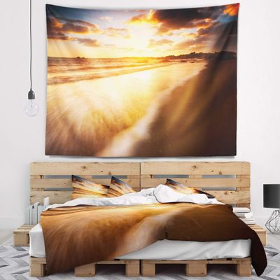 Designart ' Amazing Sunrise Over Australian Beach' Seashore Tapestry Blanket Dcor Wall Art for Home and Office, Created on Lightweight Polyester Fabric Medium: 39 in. x 32 in