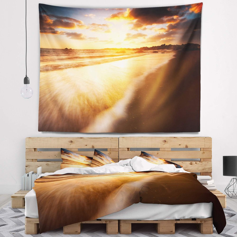 Designart ' Amazing Sunrise Over Australian Beach' Seashore Tapestry Blanket Dcor Wall Art for Home and Office, Created on Lightweight Polyester Fabric Medium: 39 in. x 32 in