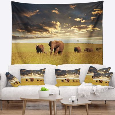 Designart ' Group of Elephants in Africa' African Tapestry Blanket Dcor Wall Art for Home and Office, Created On Lightweight Polyester Fabric XX-Large: 68 in. x 80 in