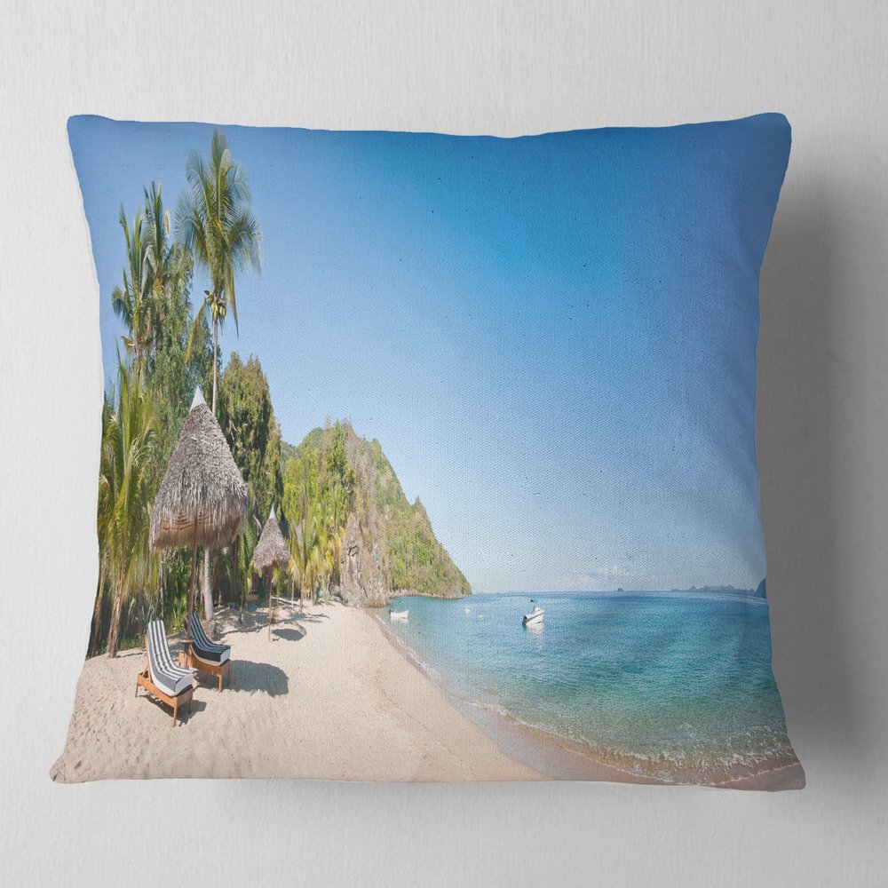 Designart Beach with Chairs and Umbrellas' Seashore Photo Throw Cushion Pillow Cover for Living Room, Sofa 16 in. x 16 in