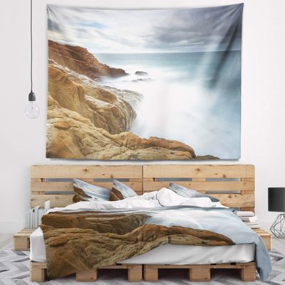 Designart ' Dark Red Rocks and Foam Waves' Seascape Tapestry Blanket Dcor Wall Art for Home and Office x Large: 92" x 78"