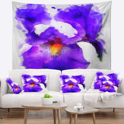 Designart ' Blue Flower and Watercolor Splashes' Floral Tapestry Blanket Dcor Wall Art for Home and Office, Created On Lightweight Polyester Fabric Medium: 32 in. x 39 in