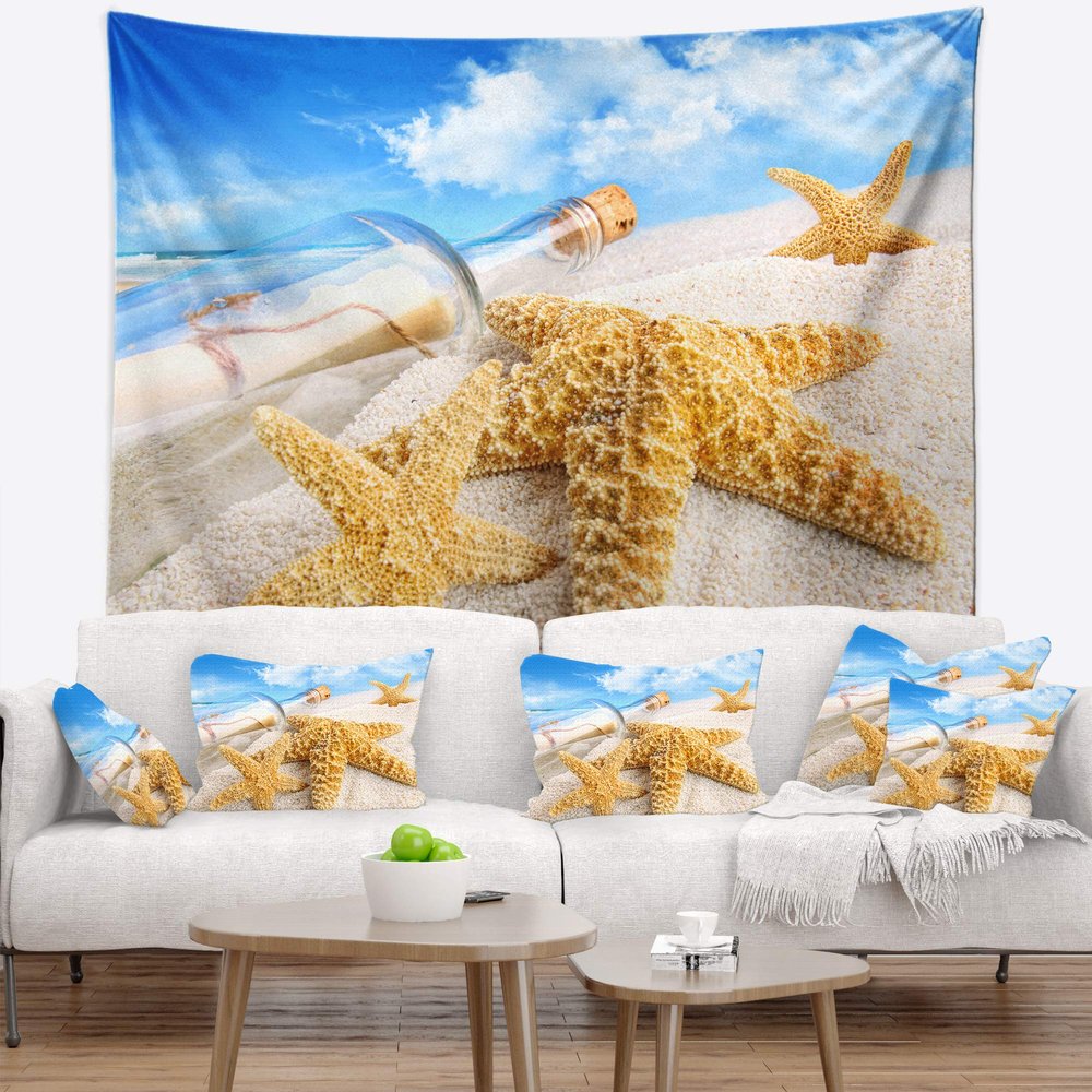 Designart ' Message in Bottle Buried in Sand' Seashore Photo Tapestry Blanket Dcor Wall Art for Home and Office, Created On Lightweight Polyester Fabric Medium: 39 in. x 32 in