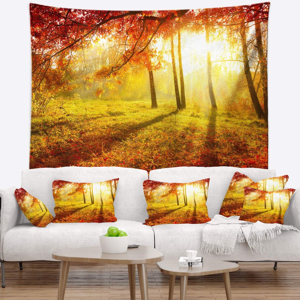 Designart ' Yellow Red Fall Trees and Leaves' Landscape Tapestry Blanket Dcor Wall Art for Home and Office, Created On Lightweight Polyester Fabric x Large: 80 in. x 68 in