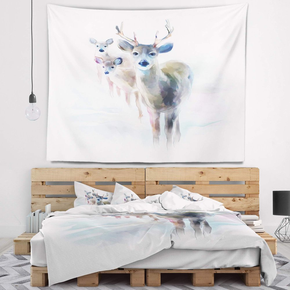Designart ' Beautiful Deer with Big Horns' Animal Tapestry Blanket Dcor Wall Art for Home and Office, Created On Lightweight Polyester Fabric x Large: 80 in. x 68 in