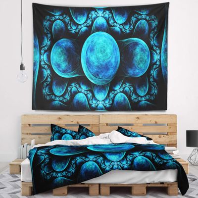 Designart ' Blue Exotic Pattern on Black' Abstract Tapestry Blanket Dcor Wall Art for Home and Office, Created On Lightweight Polyester Fabric x Large: 92 in. x 78 in
