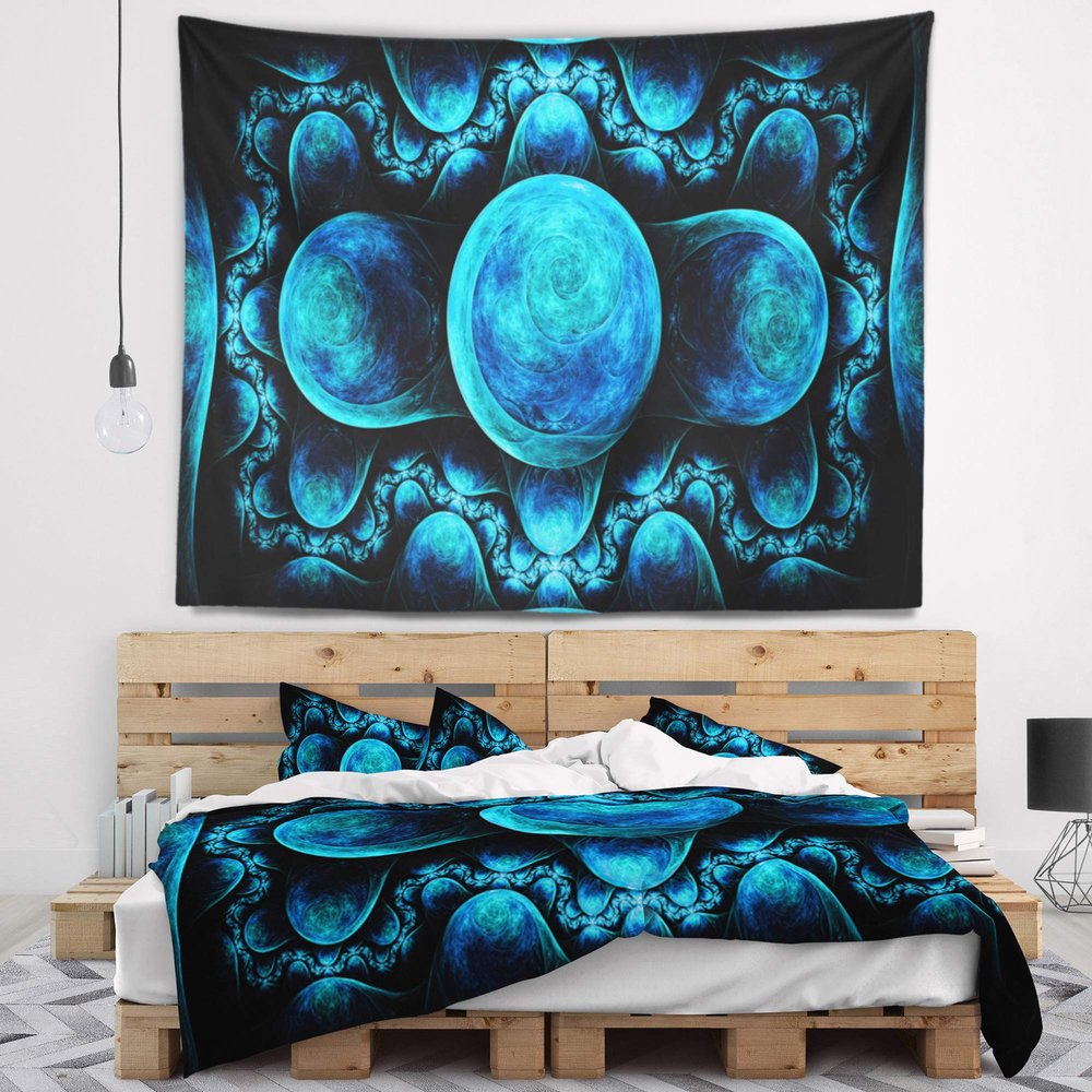 Designart ' Blue Exotic Pattern on Black' Abstract Tapestry Blanket Dcor Wall Art for Home and Office, Created On Lightweight Polyester Fabric x Large: 92 in. x 78 in