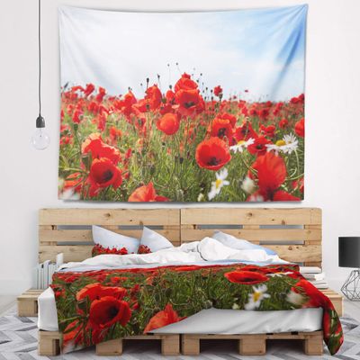 Designart ' Red Poppies Under Bright Blue Sky' Flower Tapestry Blanket Dcor Wall Art for Home and Office, Created On Lightweight Polyester Fabric x Large: 92 in. x 78 in