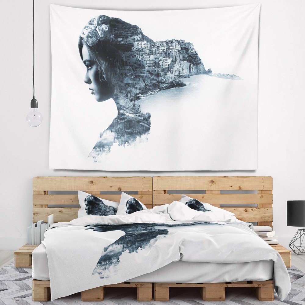 Designart ' Woman Double Exposure' Portrait Tapestry Blanket Dcor Wall Art for Home and Office x Large: 80 in. x 68 in