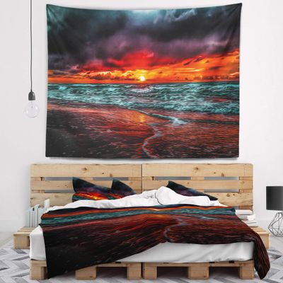 Designart ' Red Sunset Over Blue Waters' Seascape Tapestry Blanket Dcor Wall Art for Home and Office, Created On Lightweight Polyester Fabric Medium: 39 in. x 32 in