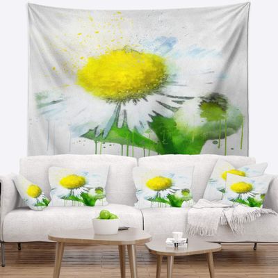 Designart ' Yellow Chamomile Sketch Watercolor' Floral Tapestry Blanket Dcor Wall Art for Home and Office Medium: 32 in. x 39 in