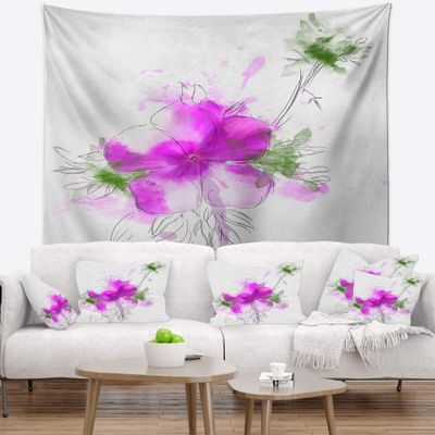 Designart ' Purple Flower Sketch with Stem' Floral Tapestry Blanket Dcor Wall Art for Home and Office, Created On Lightweight Polyester Fabric Medium: 32 in. x 39 in