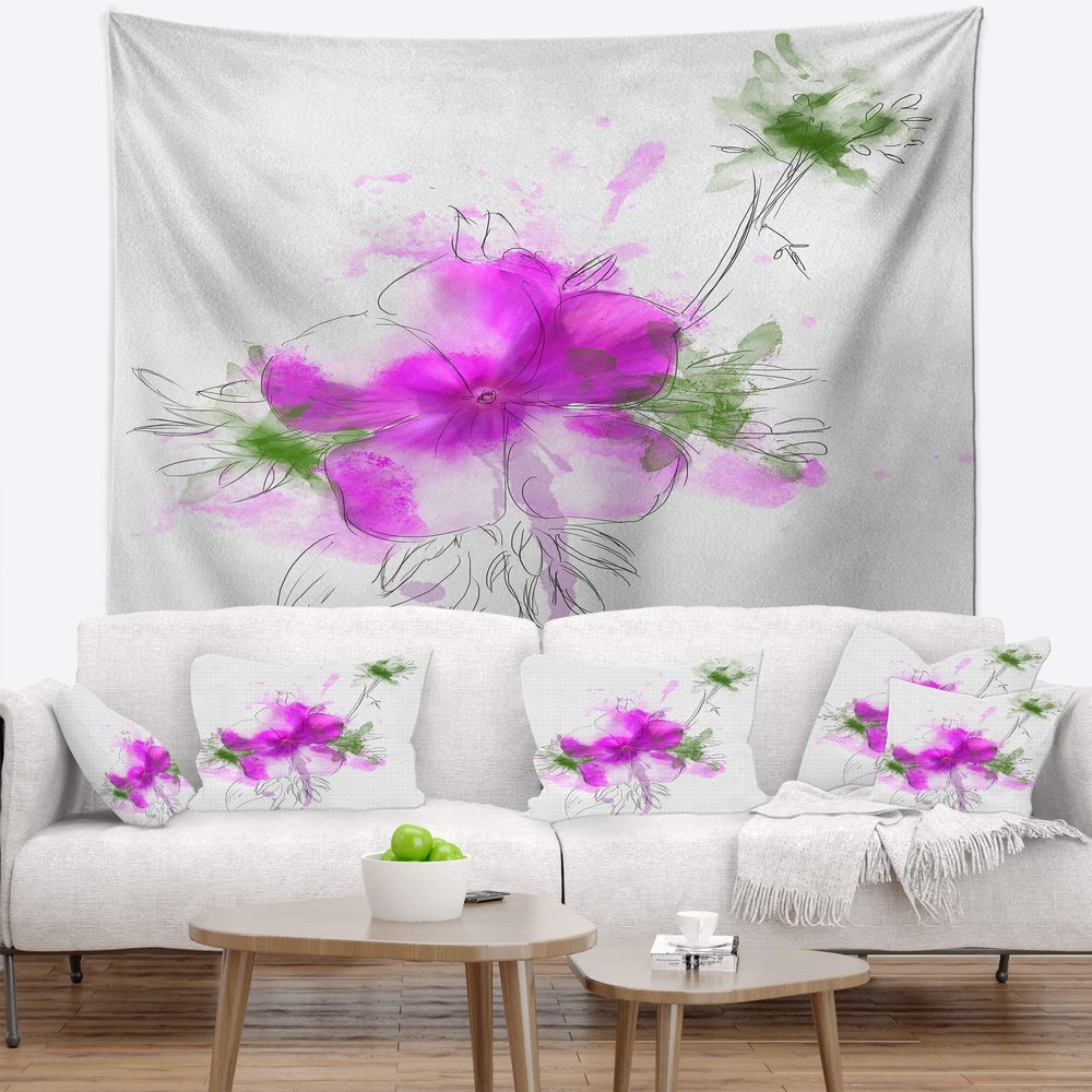 Designart ' Purple Flower Sketch with Stem' Floral Tapestry Blanket Dcor Wall Art for Home and Office, Created On Lightweight Polyester Fabric Medium: 32 in. x 39 in