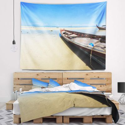 Designart ' Traditional Thai Boat on Beach' Seashore Tapestry Blanket Dcor Wall Art for Home and Office Medium: 39" x 32"