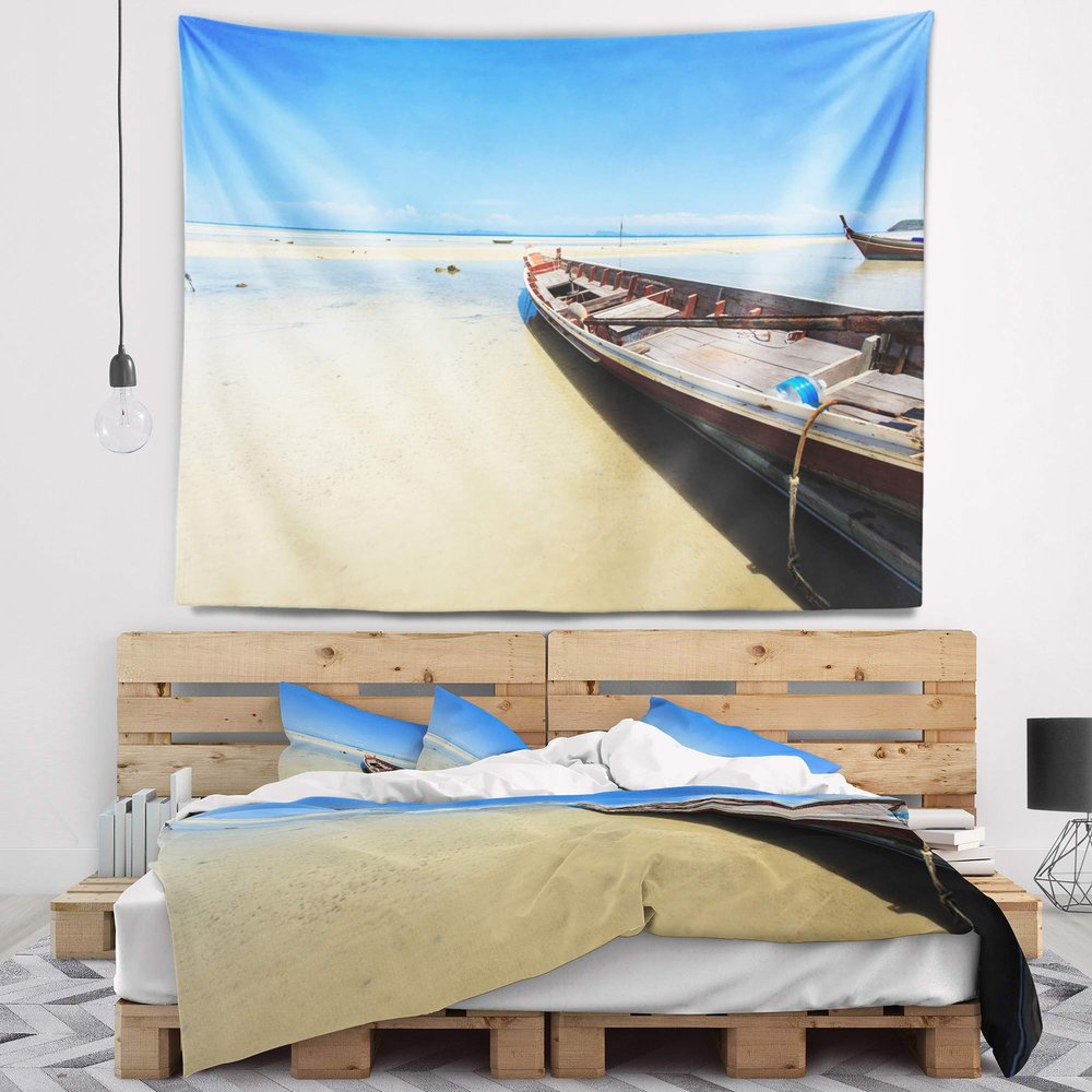 Designart ' Traditional Thai Boat on Beach' Seashore Tapestry Blanket Dcor Wall Art for Home and Office Medium: 39" x 32"
