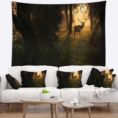 Designart ' Deer in Sunset in Deep Forest Tapestry Blanket Dcor Wall Art for Home and Office, Created On Lightweight Polyester Fabric x Large: 80 in. x 68 in